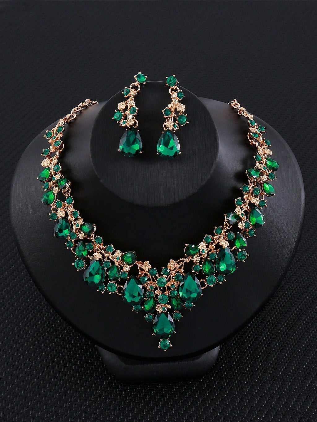 RGM001 Luxury Emerald Green Crystal Teardrop Necklace & Earrings Jewelry Set