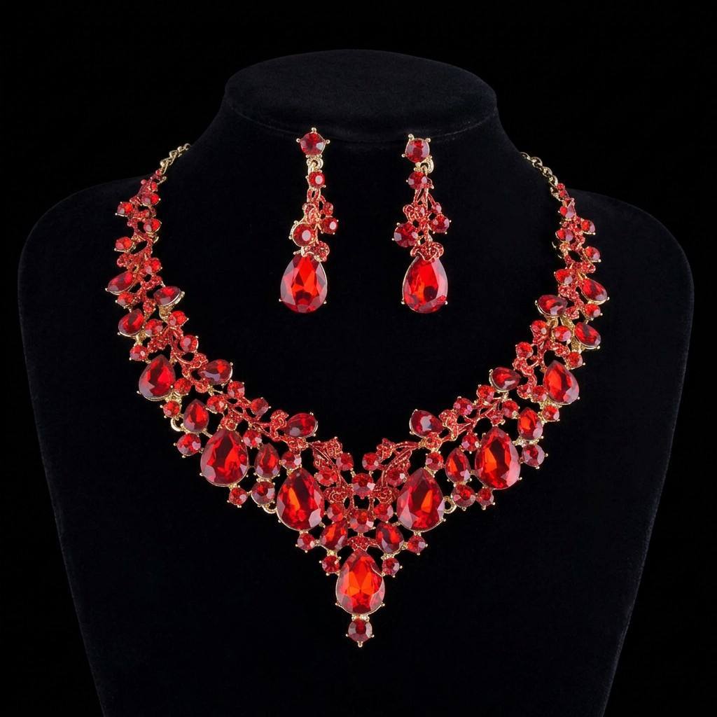RGM001 Luxury Emerald Green Crystal Teardrop Necklace & Earrings Jewelry Set