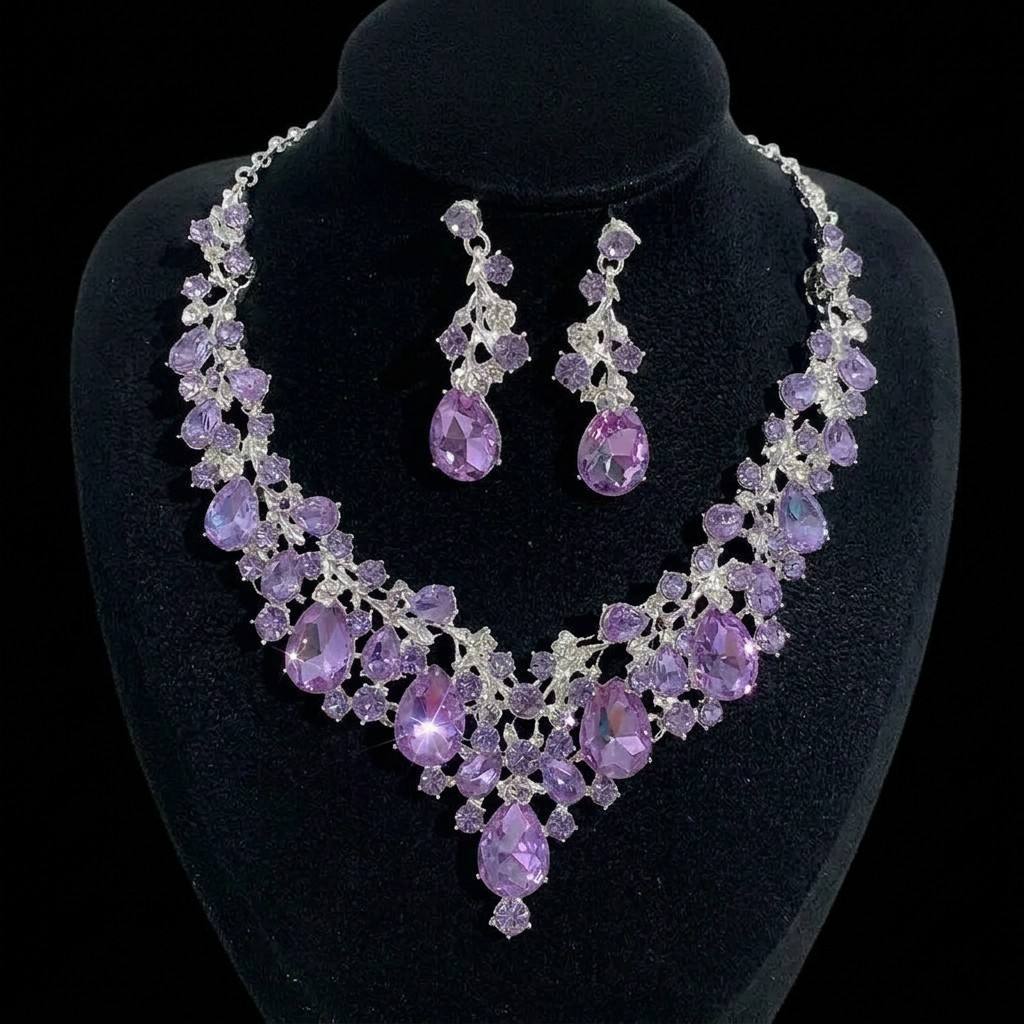 RGM001 Luxury Emerald Green Crystal Teardrop Necklace & Earrings Jewelry Set