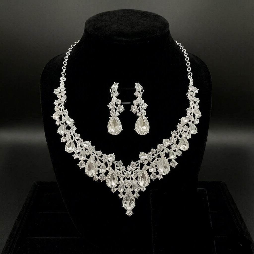 RGM001 Luxury Emerald Green Crystal Teardrop Necklace & Earrings Jewelry Set